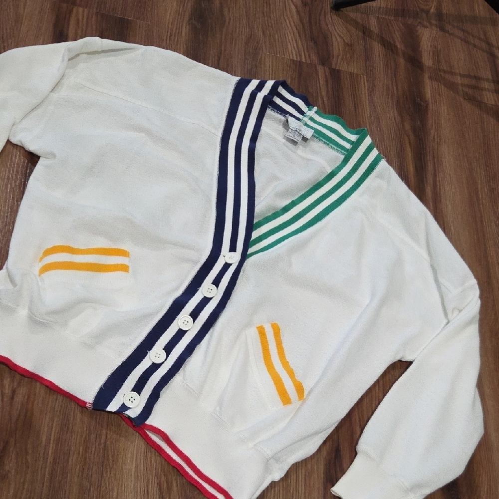 Tarazzia Sport Vintage White V-Neck Button Cardigan Multicolor Stripe Trim